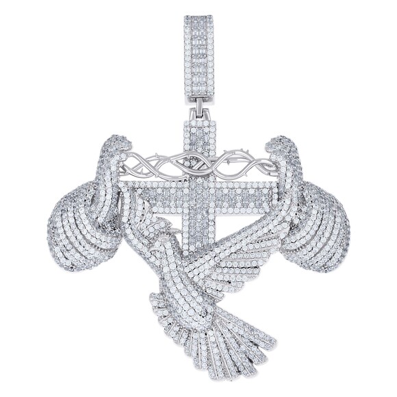925 Sterling Silver Mens Cubic-Zirconia Pigeon Cross Religious Pendant